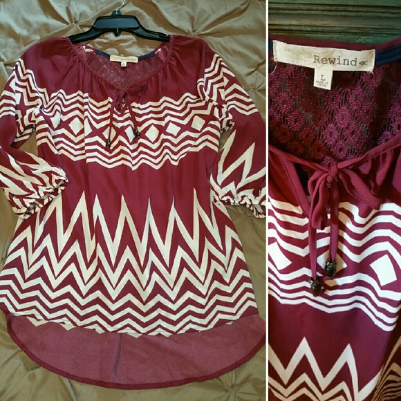 Chevron print top shirt tunic style burgundy white
