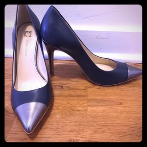 Blue pumps, high heel with silver toe caps!