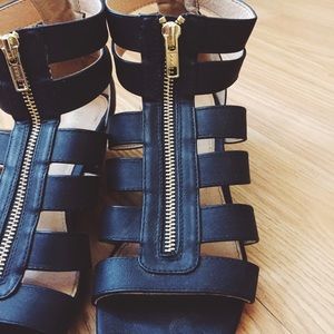 Black strappy wedged sandals