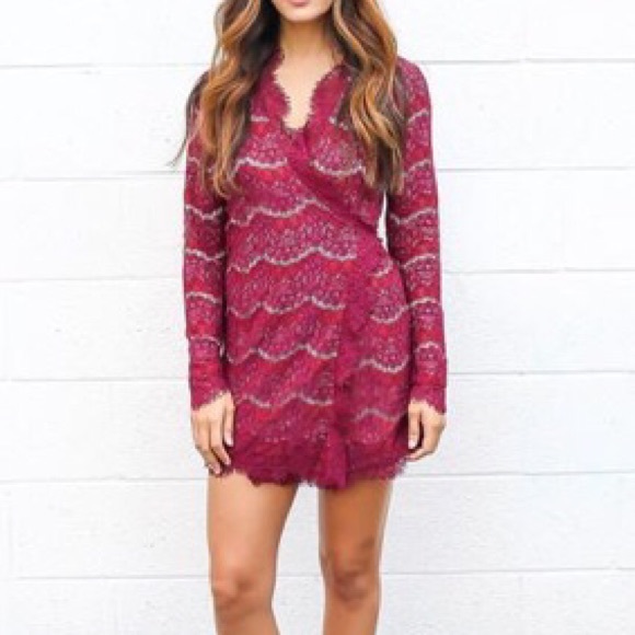 NWOT Burgundy Lace Wrap Mini Dress