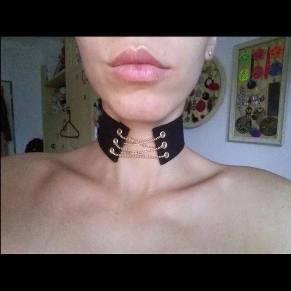 Gold Chain Laced Up Black Choker with FREE Choker
