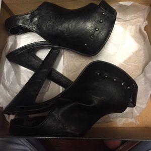 black leather high heels