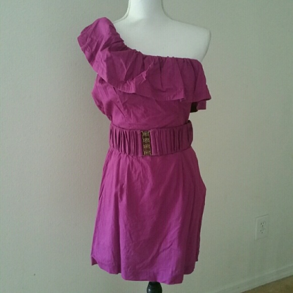 Lg Magenta one shoulder dress with belt