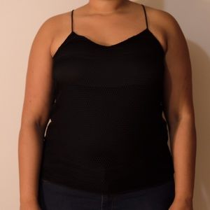 Black sheer halter top with mesh overlay