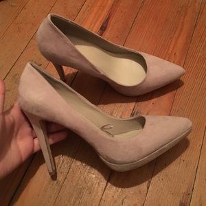 Nude, suede point toed heels