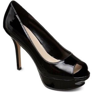 Worthington peep toe platform patent pumps.