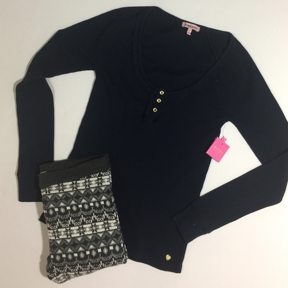 Juicy Couture Tops - Navy Ruffle Waffle Knit Thermal Henley Gold Button