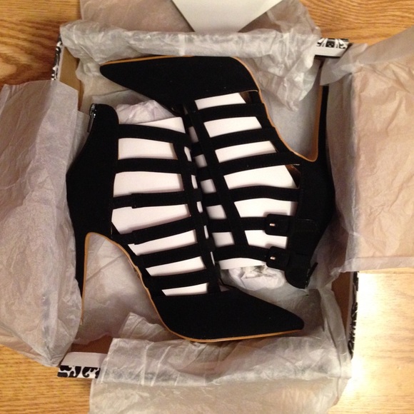 Black Faux Suede Pointed Caged Heel