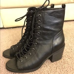 Lace-Up Peep-Toe Black Booties