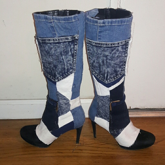 Denim patchwork boots