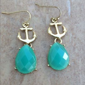 Gold Tone Turquoise Nautical Anchor Drop Earrings