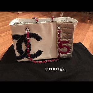 Authentic Chanel red blue silver tote