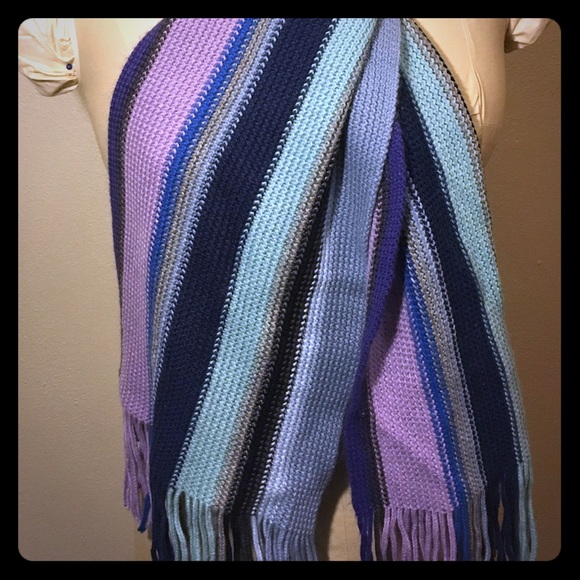Knit scarf - purple, light blue and dark blue.