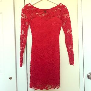 Red lace, long-sleeves dress