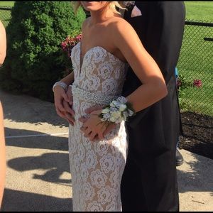 Jovani white lace strapless prom dress