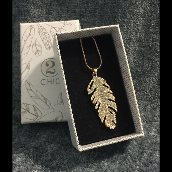 Rose Gold Tone Feather Necklace w/Crystal Accent