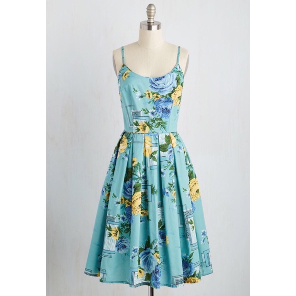 ModCloth teal dress with blue and yellow florals