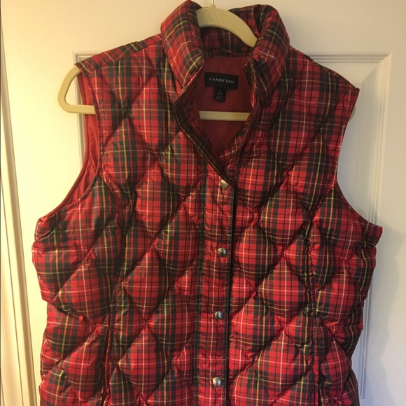 Lands end red plaid puffer