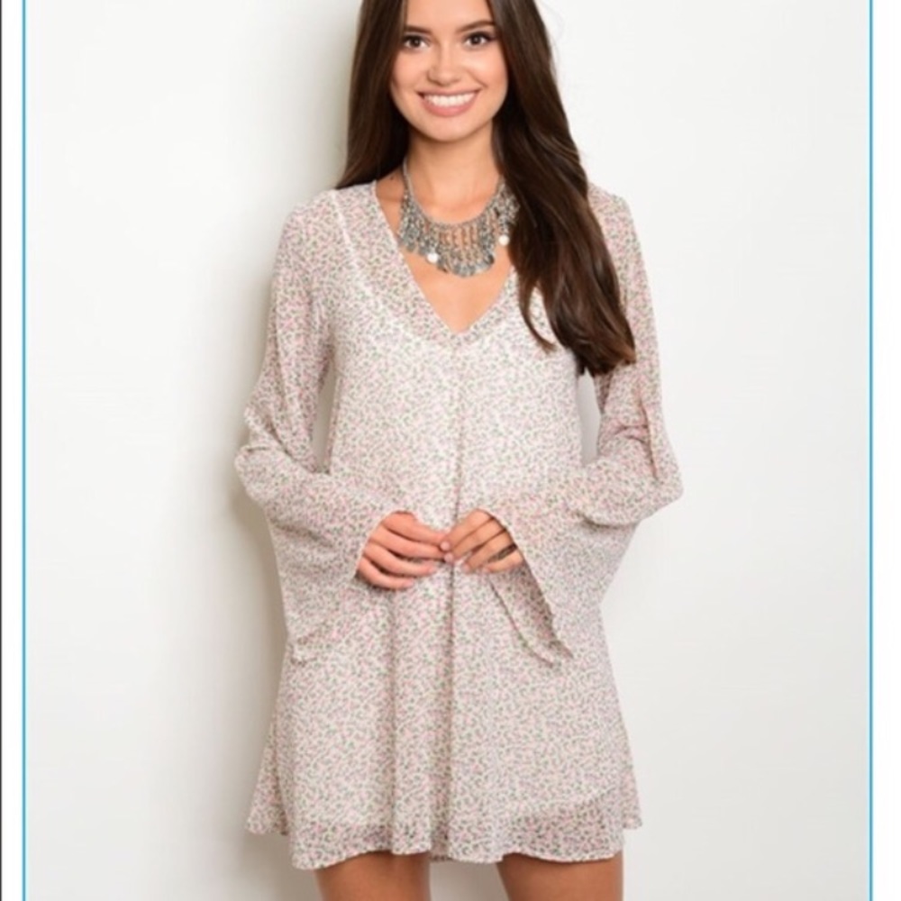 Taupe, Flare sleeve tunic mini dress! Floral print - Picture 4 of 4