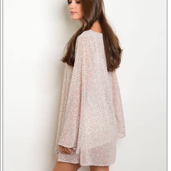 Taupe, Flare sleeve tunic mini dress! Floral print - Picture 3 of 4