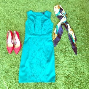 Turquoise Silk-Lace Mix Media Dress