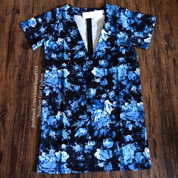 SHIFT DRESS Printed VNeck Floral Mini Garden Party - Picture 3 of 4
