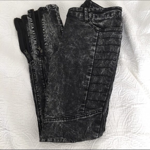 Washed out black moto jeans