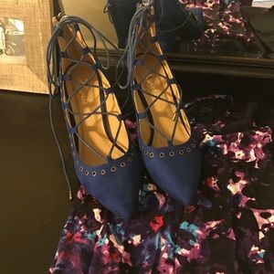 Blue block lace up heels