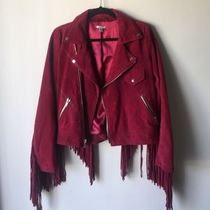 Burgundy fringe suede jacket.