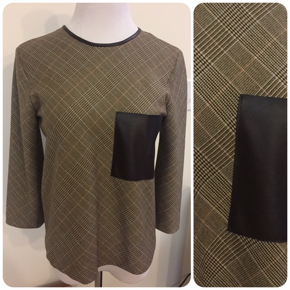 Zara plaid top with leather neckline and pocket