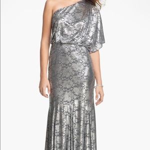 Adrianna Papell one shoulder silver gown, size 6