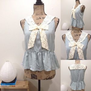 Beautiful lacy bow sailor collar teal green blouse