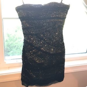 Bebe dress gold sequins black covering WORN ONCE