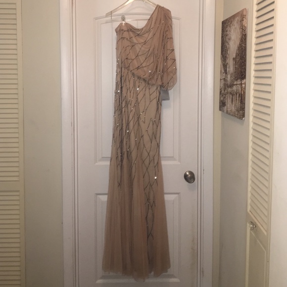 Adrianna Papell beaded offshoulder tan long dress
