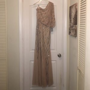 Adrianna Papell beaded offshoulder tan long dress