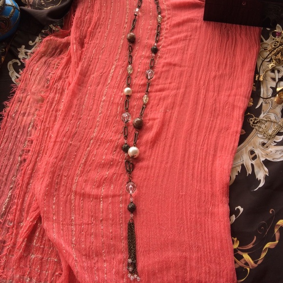 Mixed media necklace long. Pearls crystal