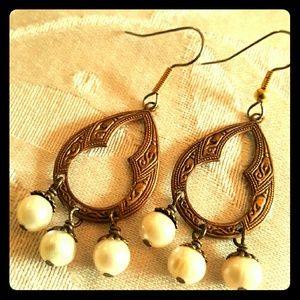 Handmade Vintaj Pearl Chandelier Earrings