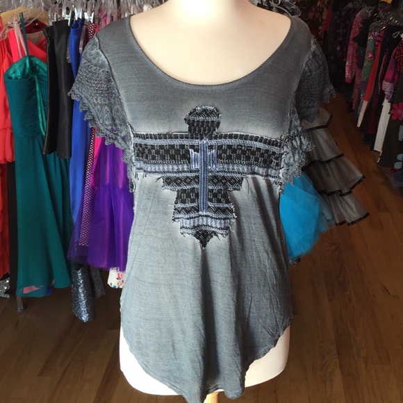 Free People M Aztec design tee tunic shirt bin5