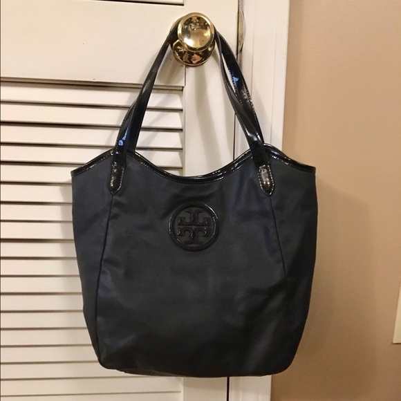 Tory Burch Black Dipped Canvas Stacked Logo Tote