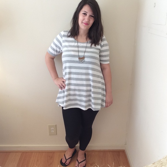 LuLaRoe Grey and White Striped Perfect Tee