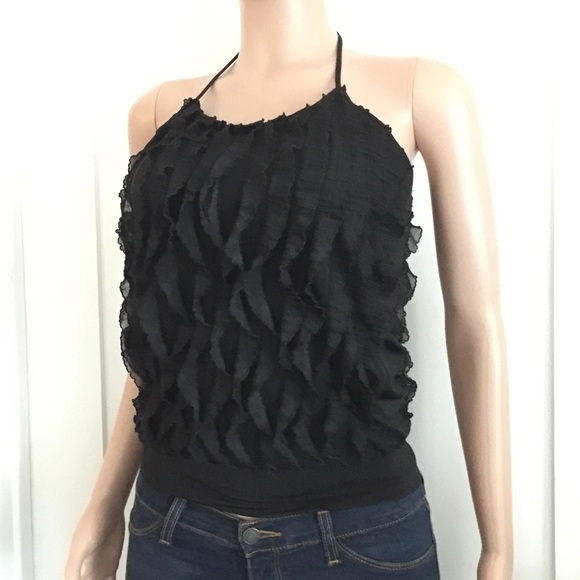 BLACK RUFFLED HALTER TOP - Picture 2 of 3