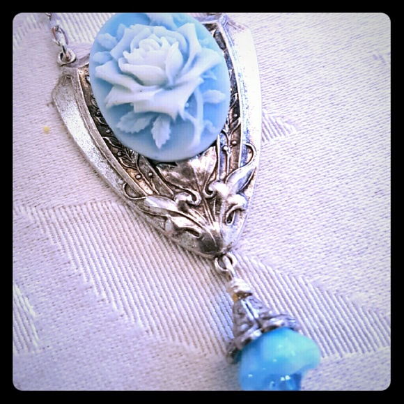 Handmade Vintage Blue Rose Cameo Necklace