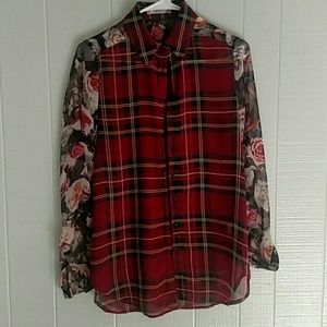 Funky Floral/Plaid Sheer Blouse