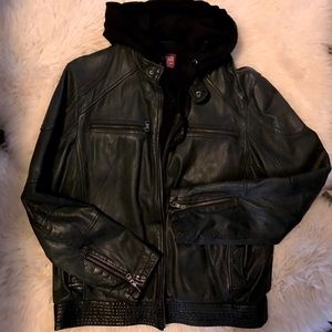 Men's Wilsons Leather black Moto Jacket with hood