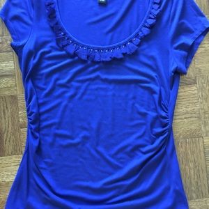 Blue cotton fancy tee with small ruffles at neck