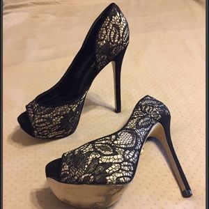 Bebe lace suede platform pump heels