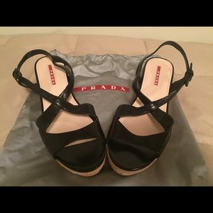 Prada black leather cork heel shoes 39.5 (9.5) new