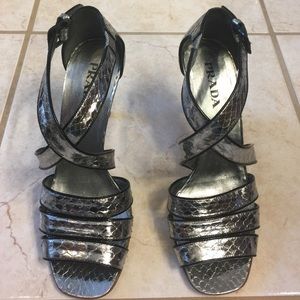 Silver Metallic Prada Strappy Leather Heels Sz 37