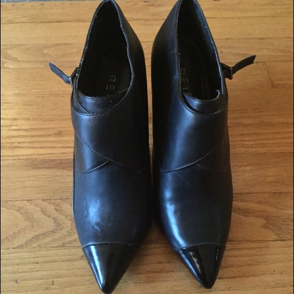 Black leather Reiss booties w/patent leather toe
