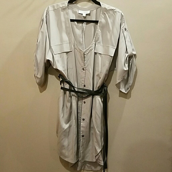LF gray silk shirtdress w black leather wrap belt